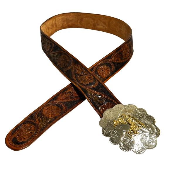 Vintage Montana Silversmiths Statement Buckle & Hand Tooled Brown Leather Belt - Picture 11 of 12